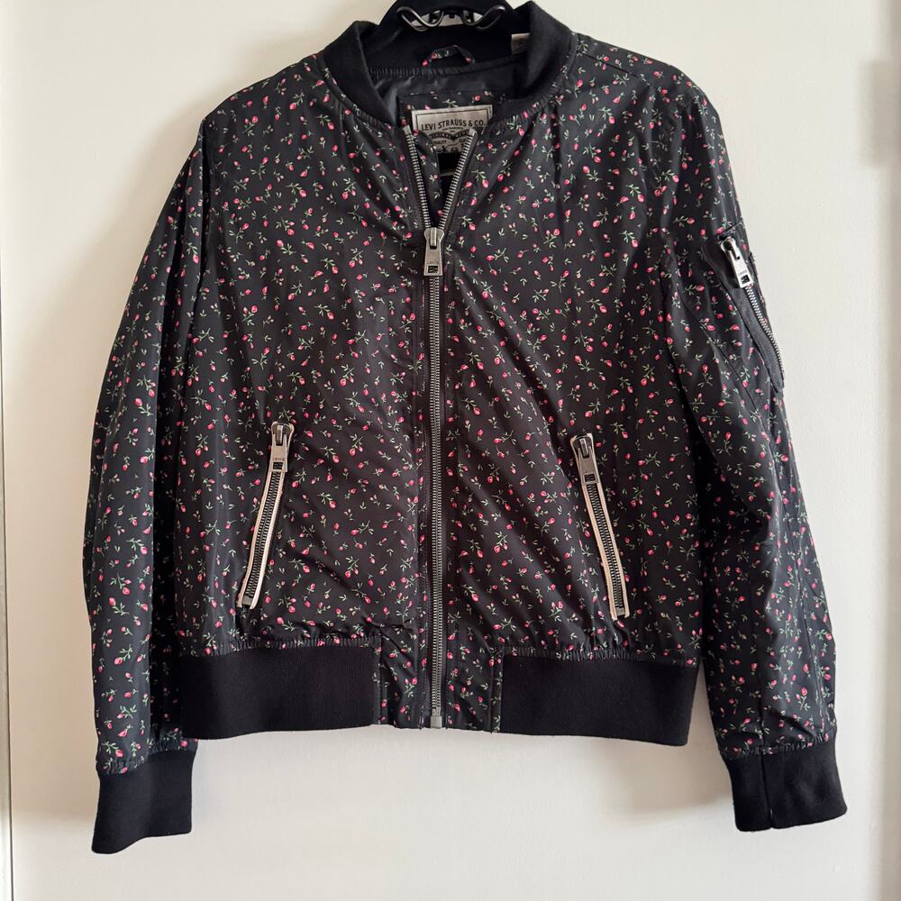 Levi's Rose Floral Print Bomber Jacket Black Full Zip Pockets Long Sleeve Size M